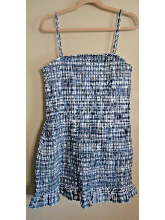 wild fable Dresses & Skirts - Wild Fable Smocked Square Neck Strappy Ruffle Hem Mini Dress L Blue Check